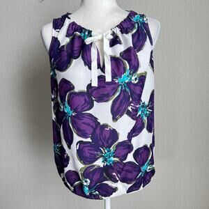 Loft Factory White Purple Floral Tank Top Blouse Women's S Keyhole Relaxed Fit